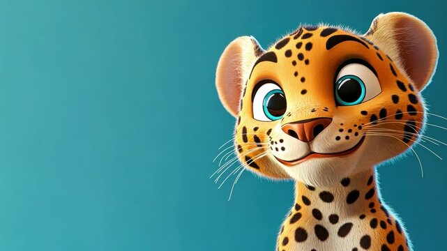 Cute Leopard Cartoon Character: A charming cartoon leopard with a friendly expression against a vibrant blue background, perfect for designs that aim to convey friendliness and playful designs
