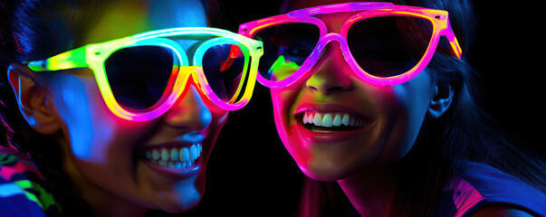 Two friends enjoying a vibrant night out with neon glasses at a lively event