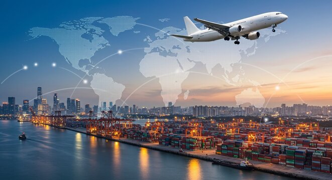 Global Logistics Airplane Taking Off Over Container Port with World Map Overlay