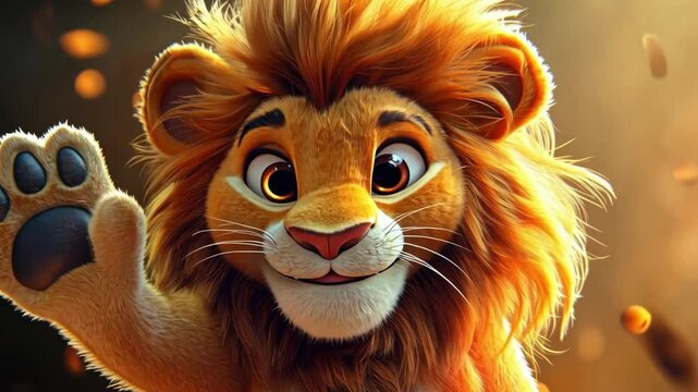 Cute Lion Cub: A charming cartoon lion cub waves hello, showcasing its adorable features and playful expression. The warm lighting and bokeh effect enhance the overall cuteness. 
