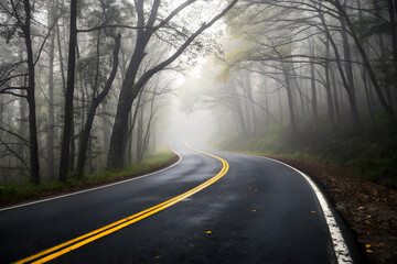Fototapeta premium Asphalt Road Through Misty Forest with Yellow Center Line