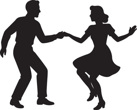 silhouette of couple retro swing dancing vector art illustration