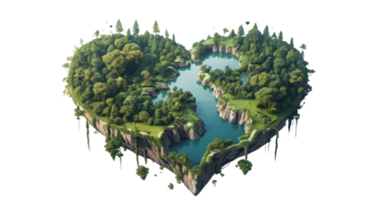 A floating island shaped like a heart with rivers and forests, white background, concept art style