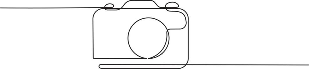 Camera icon in continuous line drawing style. Minimalist photo camera in black linear sketch isolated on white background. Vector illustration