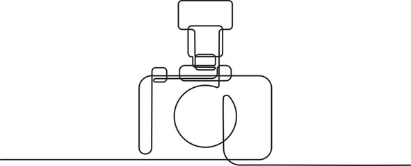 Camera icon in continuous line drawing style. Minimalist photo camera in black linear sketch isolated on white background. Vector illustration