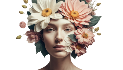 A human face morphing into a blooming flower, elegant surreal art for creative marketing