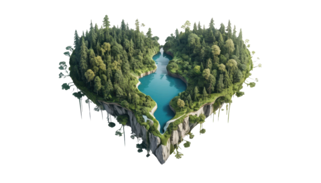 A floating island shaped like a heart with rivers and forests, white background, concept art style