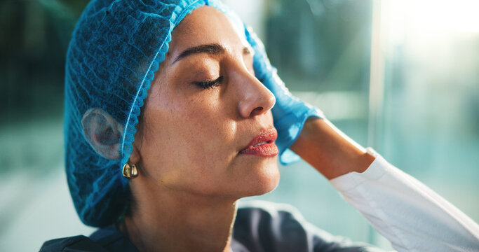 Stress, woman and doctor on floor at hospital with medical mistake, surgery fail and patient loss. Upset, surgeon and grief from bad news, wrong diagnosis and operation error with healthcare burnout - Powered by Adobe