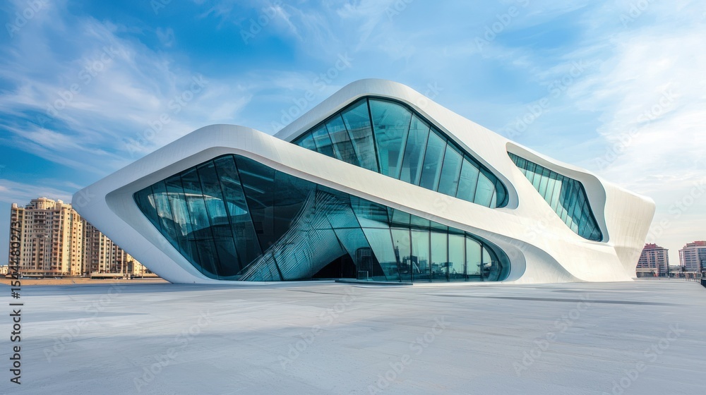 Poster a modern architectural structure with a futuristic design, featuring large glass windows and a sleek