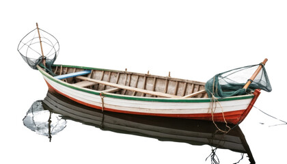 Obraz premium A small fishing boat with nets and oars, isolated on white background