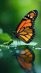 Obraz premium Vibrant monarch butterfly and tiny green caterpillar mirrored in water droplets, mirror, monarch butterfly
