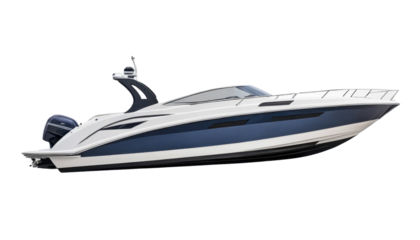 A modern speedboat with clean design on white background