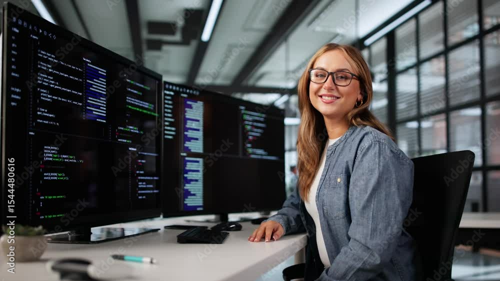 Poster Happy Woman Programmer Working On Multiple Software Screens
