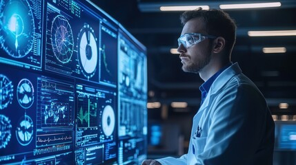 A man in a lab coat and glasses, working at a computer with multiple screens in a high-tech laboratory environment.
