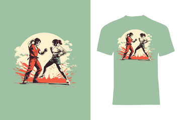 Illustration of two women sparring in a martial arts fight. Vibrant orange background complements the action-packed contrast depicted in the graphic, designed as a stylish motif for apparel.