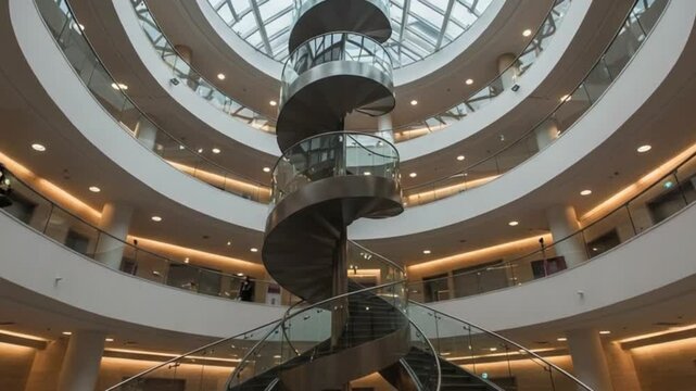 Spiral Staircase in Modern Atrium: A sleek, metallic spiral staircase dominates a contemporary atrium, its elegant design a focal point against the clean lines of the architecture.