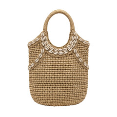 Elegant handwoven straw tote bag featuring natural cowrie shell embellishments, suitable for beach trips or casual summer outfits.