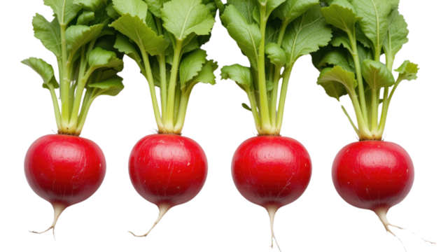 "Four identical radishes lined up on a white background, crisp colors and natural lighting."