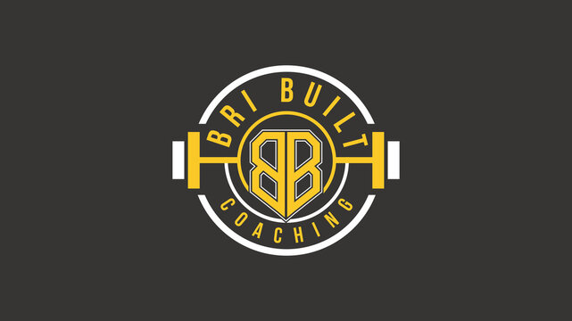 Bold BB monogram fitness coaching logo with barbell and circular badge design in yellow and white on dark background, perfect for gym branding and personal training identity