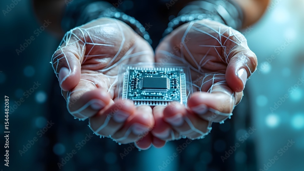 Poster hands holding computer chip representing technology and digital future