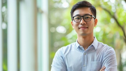 Obraz premium A young man wearing glasses, standing in a modern office with a window in the background.