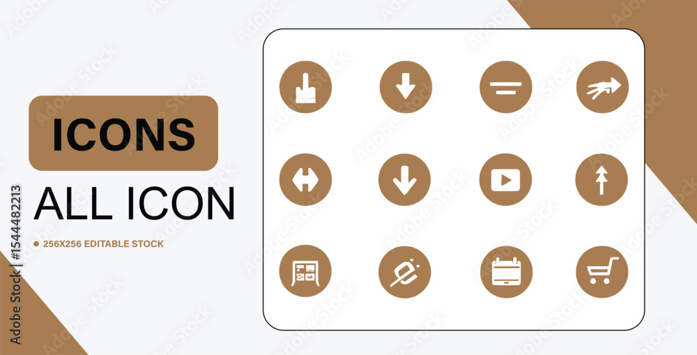 Poster collection of brown round icons on white background for web and app design