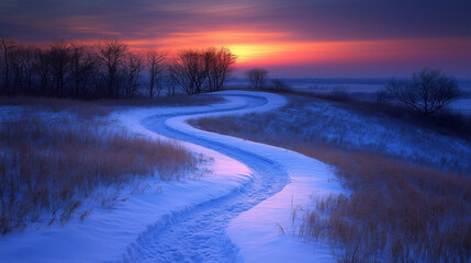 Naklejka premium Beautiful Sunset Over Winding Snowy Path in a Quiet Landscape During Winter