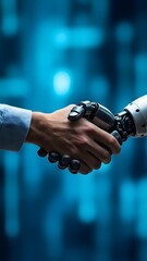 Human and robot handshake symbolizing futuristic technological collaboration