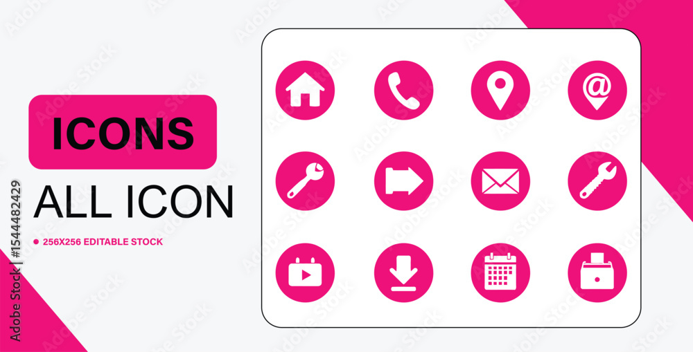 Poster collection of pink and white vector icons for web and mobile applications