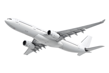 White passenger jet plane flying isolated on transparent background