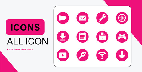 Set of Pink Circle Icons Arrow Mail Wrench Target Download Calendar Printer Gamepad