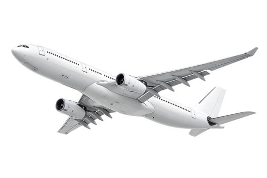 White passenger jet plane flying isolated on transparent background