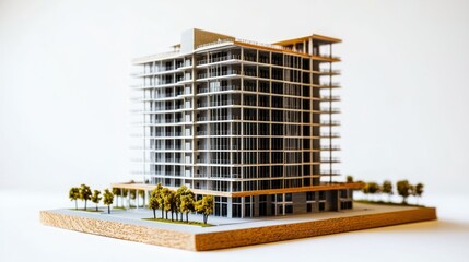 A miniature model of a modern high-rise building with a wooden base and a white background.
