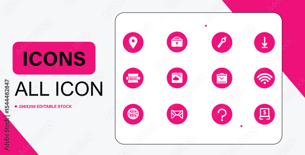 Poster collection of pink and white vector icons representing various functions and symbols