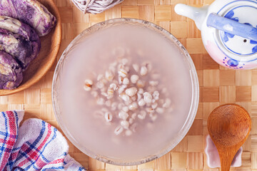 Job's tears soup in glass bowl