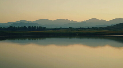 Fototapeta premium A picturesque view of a calm lake mirroring distant mountains at dusk