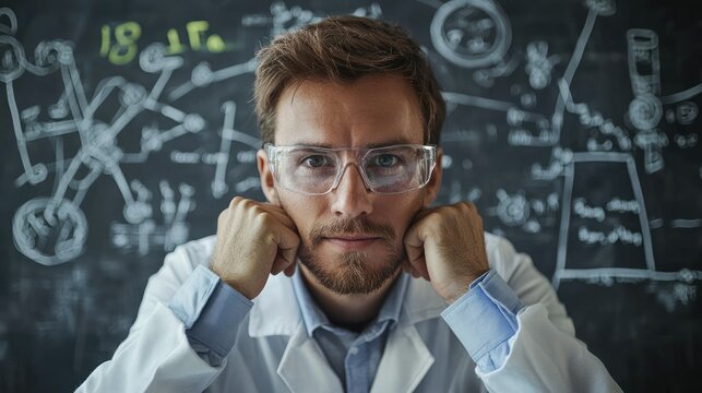 A man in a lab coat with safety goggles, standing in front of a blackboard with scientific drawings and equations.