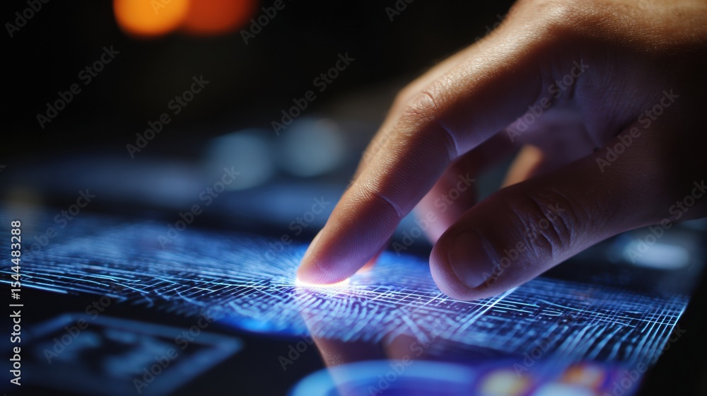 Poster Digital Scratch Card Activated by Fingertip Movement With Glowing Effects in a Tech Environment