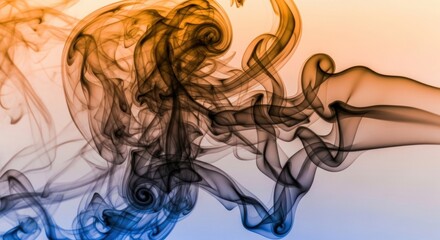 Abstract smoke art featuring swirls and gradient colors of orange blue and black on a light background