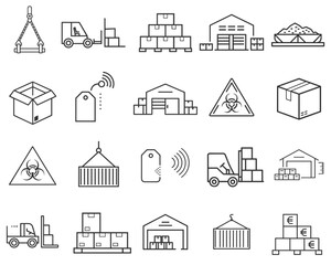 Logistics and Cargo Icon Set for Transport Companies, Shipping Services, Supply Chain Management Websites, Warehouse Operations and Freight Tracking Applications