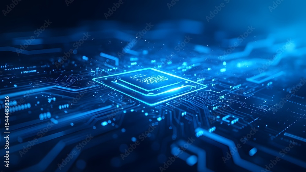 Poster illuminated digital circuit board featuring central processor unit