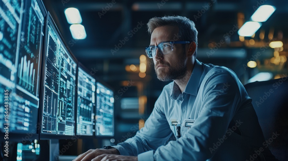 Poster a man wearing glasses and a white shirt, seated at a desk with multiple computer monitors displaying