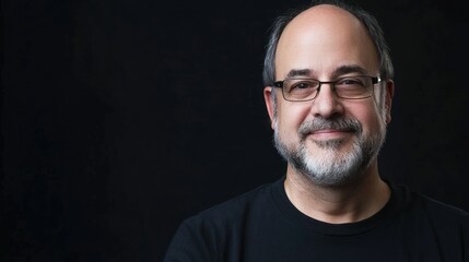 A man with glasses and a beard, wearing a black shirt, standing against a black background.