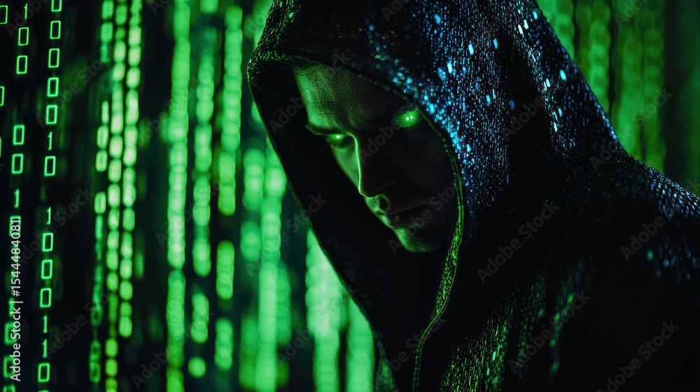 Poster a hooded figure with glowing green eyes and a dark, textured cloak, standing in front of a backgroun