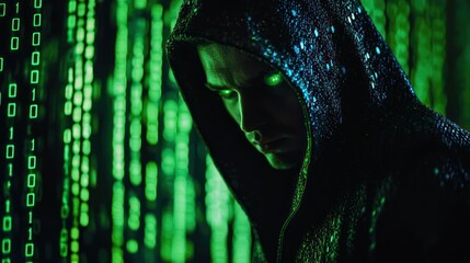 A hooded figure with glowing green eyes and a dark, textured cloak, standing in front of a background of green binary code.