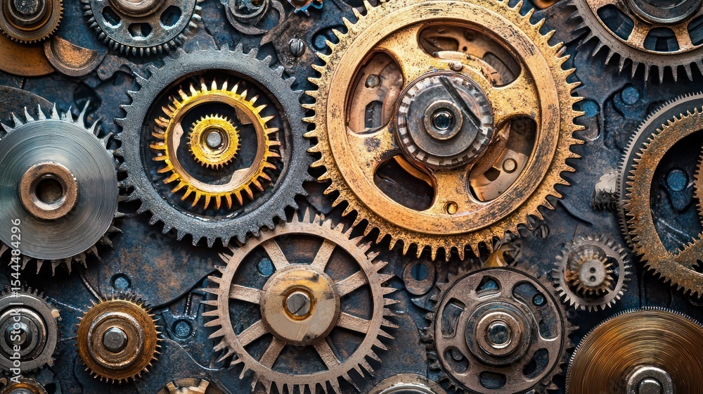 Poster a collection of intricate, metallic gears and cogs, arranged in a chaotic yet harmonious pattern, wi