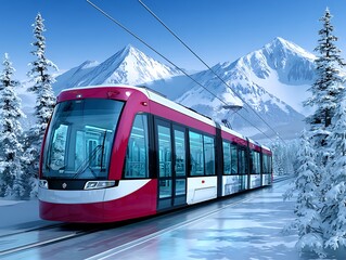 Naklejka premium Modern tram in snowy mountains