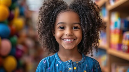 A realistic candid photograph of a child excitedly choosing a toy from a colorful display at an independent toy store, with bright, cheerful lighting. The shop owner smiles warmly in the background,