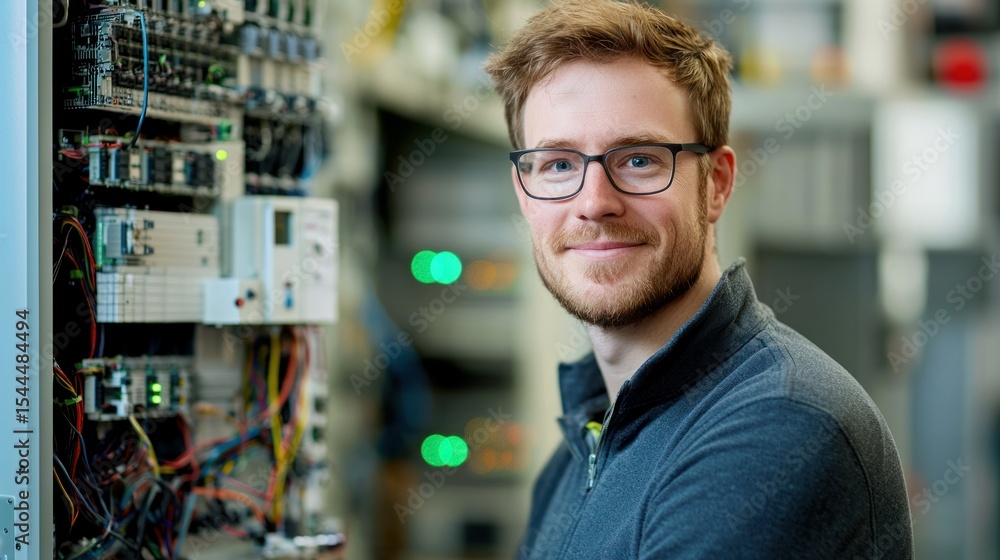 Aufkleber a young man in a lab coat standing in front of a complex electronic circuit board with green and yel