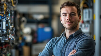 Fototapeta premium A young man in a blue shirt standing in a workshop with various machinery and equipment in the background.
